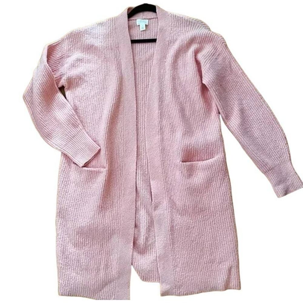 Caslon Open Front Textured Rib Knit Long Pocket Cardigan Plus Sz 2XL Pink NWT